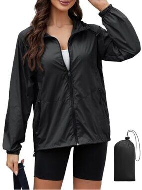 Women's Packable Lightweight Rain Jacket Hooded Windbreaker Travel